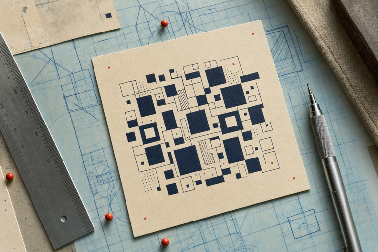 A blueprint drafting desk with modular square studies, ruler and pencil